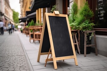 Mockup blank chalkboard menu on the street, outside of store, restaurant. Generative AI