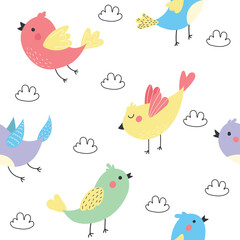 Seamless pattern with small colorful birds. Spring cute birds with red cheeks. Vector illustration of birds for postcards, posters, banners.