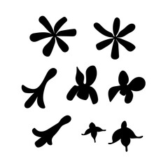 Set of vector black abstract flowers of different shapes on a white background. Spring, summer, holiday, rest, nature. Minimalism, hand drawing, abstraction, isolated. Eps10