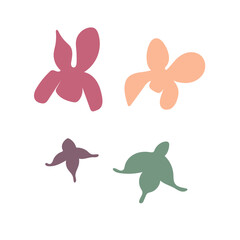 Set of vector abstract flowers in an abstract style of different shapes and colors. Pastel colors on a white background. Spring, summer, holiday, rest, nature. Minimalism, hand drawing, abstraction. 