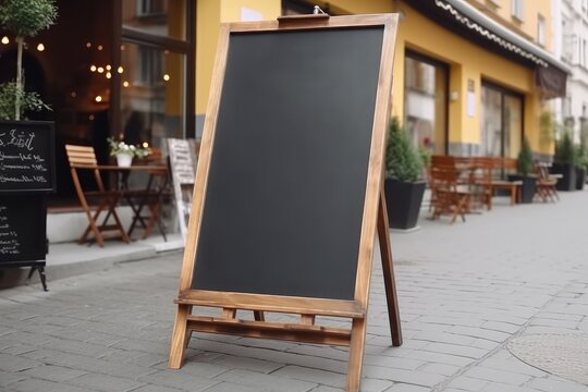 Mockup blank chalkboard menu on the street, outside of store, restaurant. Generative AI
