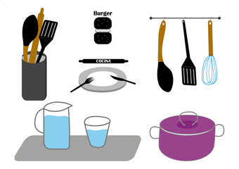 Utensillos de cocina. Accesorios de cocina. Ilustración vectorial