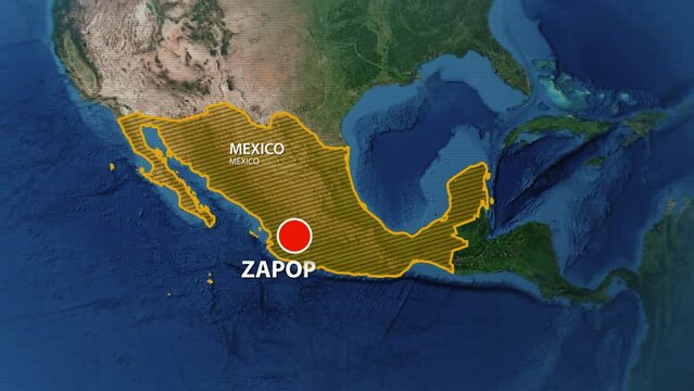 Designation of the borders of Mexico on the map and the mark of the location of the city of Zapopan
