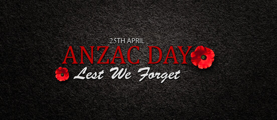 Fototapeta na wymiar The remembrance poppy - poppy appeal. Poppy flowers on black textured background with text. Banner. Decorative flower for Anzac Day in New Zealand, Australia, Canada and Great Britain.