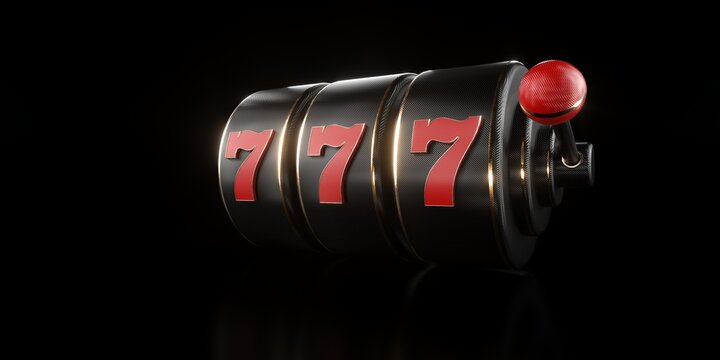 Modern, Futuristic Black Carbon And Golden Slot Machine With Red 777 On Black Background - 3D Illustration