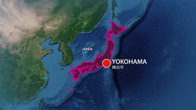 Designation of the borders of Japan on the map and the mark of the location of the city of Yokohama