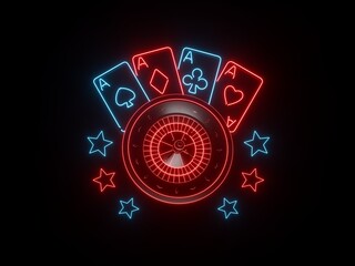 Modern, Futuristic Gambling Jackpot Concept. Roulette Wheel, Casino Playing Cards And Stars With Glowing Red And Blue Neon Lights On Black Background - 3D Illustration