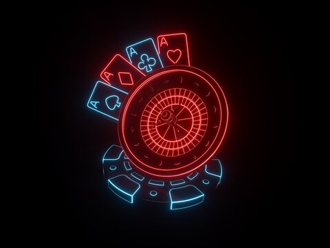 Modern, Futuristic Gambling Concept. Roulette Wheel, Playing Cards And Casino Chip With Glowing Red And Blue Neon Lights On Black Background - 3D Illustration