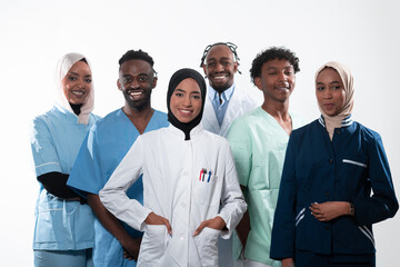 Team or group of a doctor, nurse and medical professional coworkers standing together. Portrait of diverse healthcare workers looking confident. Middle Eastern and African, Muslim medical team. 