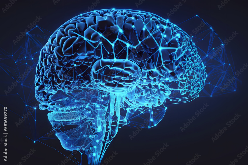 Poster human brain shape of an artificial intelligence with line dots on dark blue color background. digita