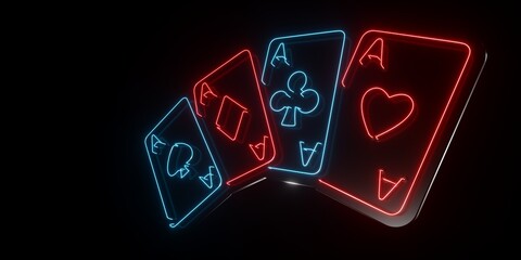 Modern, Futuristic Casino Four Aces Playing Cards With Glowing Red And Blue Neon Lights On Black Background - 3D Illustration	
