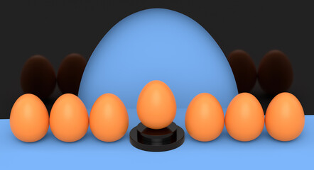 Farm brown egg on podium and crowd of eggs standing in line on blue background