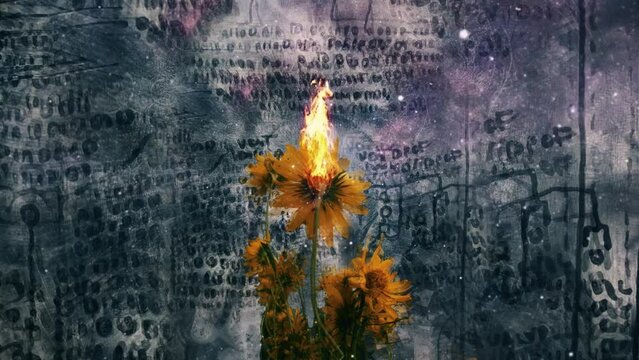 Burning yellow flowers on ancient symbols background
