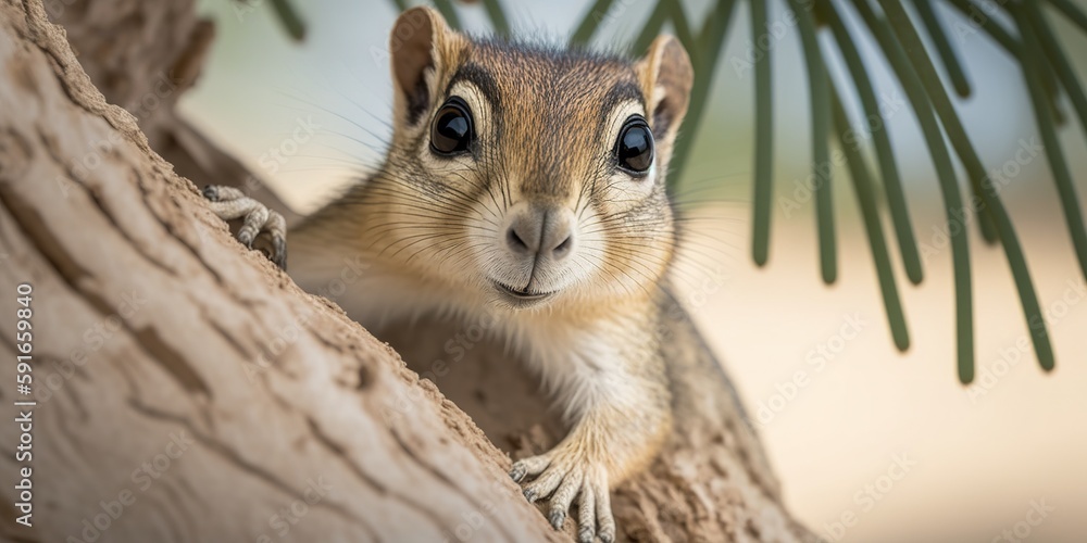 Poster an indian palm squirrel is seen in close-up as it makes its way down a tree. generative ai