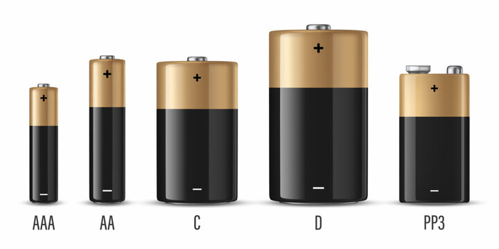 Vector 3d Realistic Black and Yellow Alkaline Battery Icon Set Closeup Isolated on White Background. Diffrent Size - AAA, AA, C, D, PP3. Design Template for Branding, Mockup. Vector Illustration