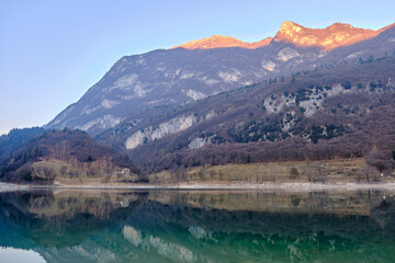 The view of Lake Tenno in spring,Trento,Italy, Europa. Turquoise lake in the mountains