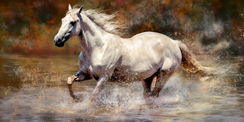 Illustration of white horse running in full gallop, AI generative
