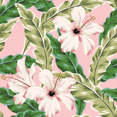 Tropical hibiscus flowers, green palm leaves, pink background. Vector seamless pattern. Jungle foliage illustration. Exotic plants. Summer beach floral design. Paradise nature
