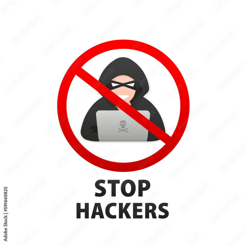 Poster stop hacker with cross bone forbidden signal icon on white background. cybercrime technology data pr