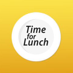 Stopwatch - Time for lunch. Orange cooking time on the floor drawing. Lunch time banner. Yellow cooking time on plate. Time for lunch. Vector illustration