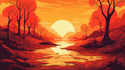 sunset over the lake, illustration