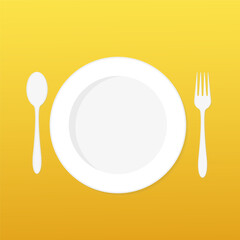 Plate fork and spoon on a yellow background. Art design kitchen silverware table setting. Concept graphic printables element. Vector illustration