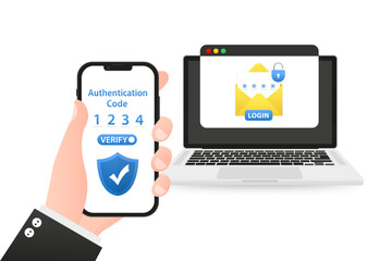 Two steps authentication. Verification code message on smartphone. Notice with code for secure login or sign in. Two factor verification via laptop and phone. Security. Vector illustration