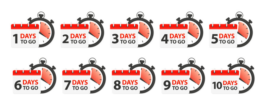Days ti go. Count time sale. Number of days left. Countdown left days banner. Count down banner template. Nine, eight, seven, six, five, four, three, two, one, zero days left. Vector illustration