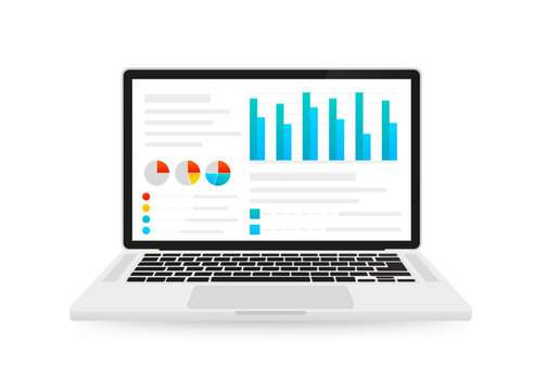 Laptop screens with financial charts and graphs. Diagrams and graphs, analysis of business accounting, concept of statistics. Digital marketing, business analysis. Vector illustration