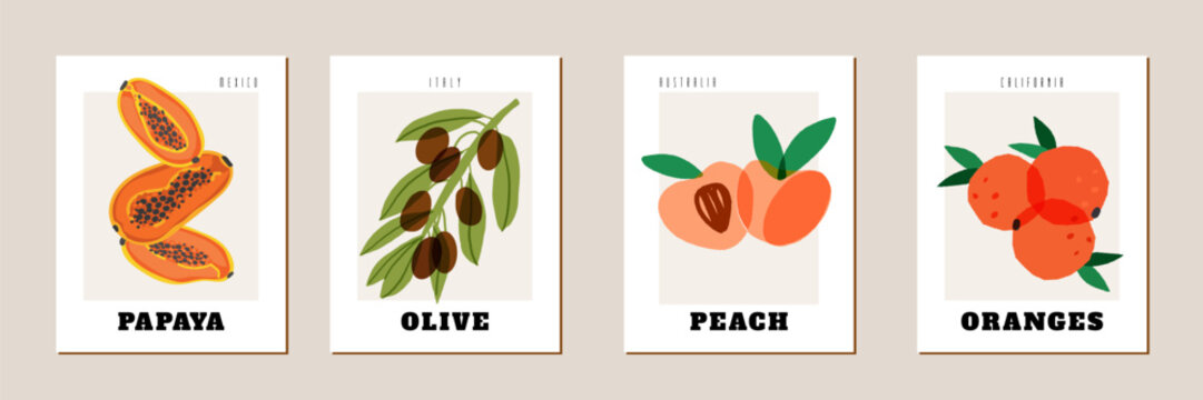Exotic fruit art print, vegan, vegetarian food, kitchen poster set. Papaya, peach or apricot, olives, oranges wall art.