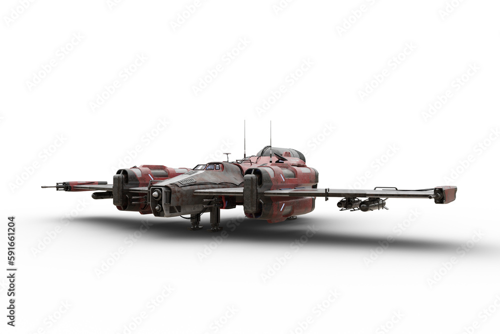 Poster futuristic fighter space ship parked on the ground. 3drendering isolated.