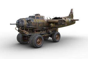 Post apocalyptic monster truck built from the wreck of an old war plane. 3D illustration isolated. © IG Digital Arts