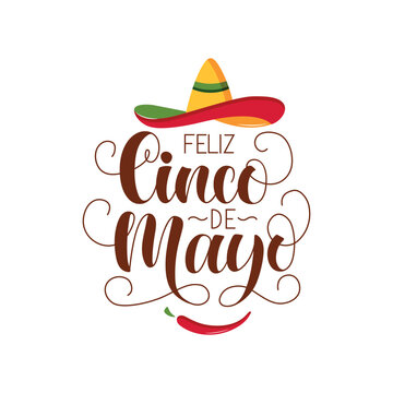 Feliz Cinco de Mayo handwritten text in Spanish (Happy Fifth of May). Modern brush calligraphy isolated on white background, hand lettering for Mexican holiday. Vector illustration for greeting card