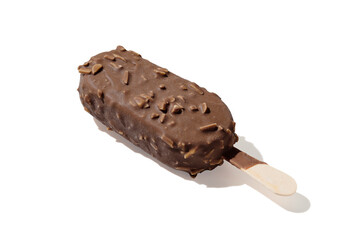 Chocolate ice cream on a stick on white background