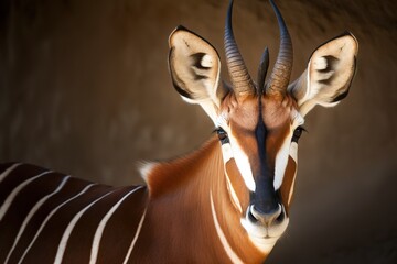 Picture taken up close of a white-striped bongo antelope Generative AI - obrazy, fototapety, plakaty