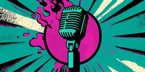 a retro microphone on a pop art background Generative AI