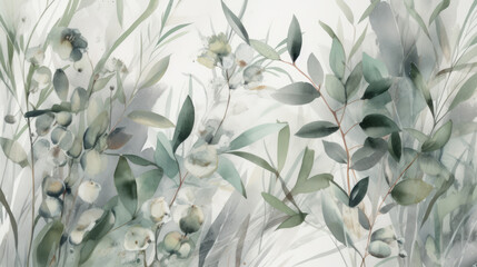 eucalyptus branches wallpaper, in the style of white and green, soft watercolor. Generative AI Art Illustration
