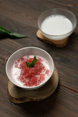 Bubur Pacar Cina or Sago Mutiara Porridge is a special food for the month of Ramadan in Indonesia. selective focus