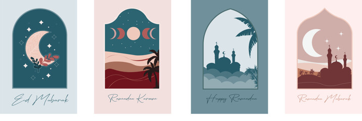 Fototapeta na wymiar Set of modern style Ramadan Mubarak greeting cards in retro boho design with moon, desert and mosque, in the form of Islamic windows and arches