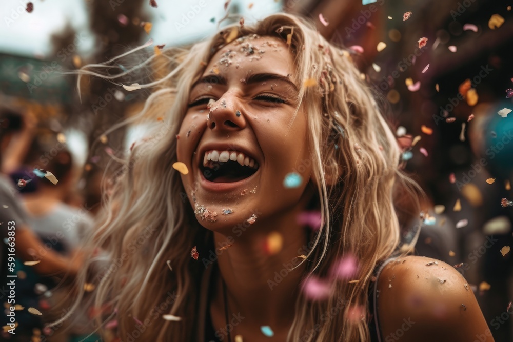 Wall mural  A joyful woman is seen laughing and having a great time while colorful confetti rains down on her at a festival Generative AI