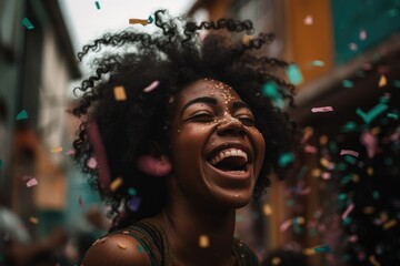 Obraz premium A joyful woman is seen laughing and having a great time while colorful confetti rains down on her at a festival Generative AI