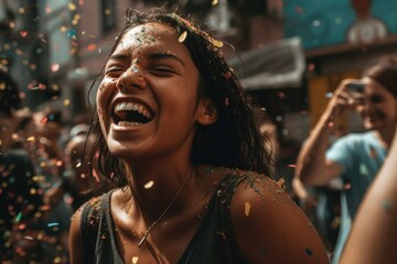 Fototapeta na wymiar A joyful woman is seen laughing and having a great time while colorful confetti rains down on her at a festival Generative AI