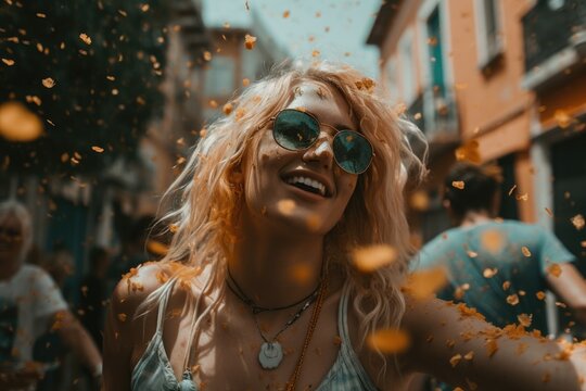  A joyful woman is seen laughing and having a great time while colorful confetti rains down on her at a festival Generative AI