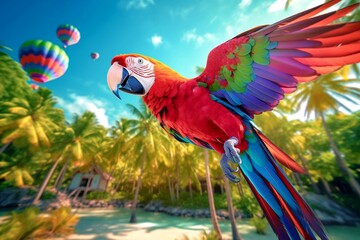 Parrot in flight over the beautiful Caribbean Sea