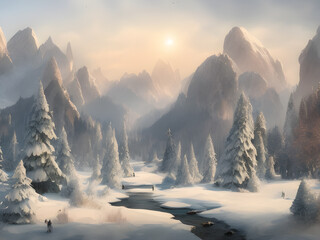 Nature at winter landscape digital painting 01. Illustrations and Clip Art/AI generated.