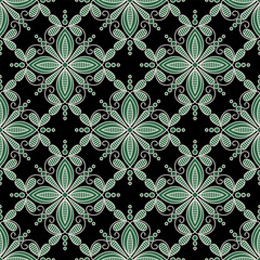 Seamless geometrical monochrome pattern with abstract floral motifs. 