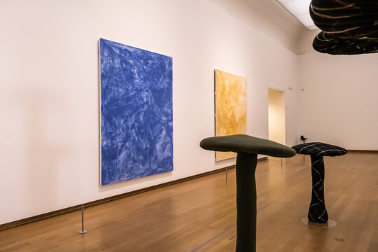 Interior of Stedelijk Museum. In Hall of Honor, the Stedelijk presents Sigmar Polke's Farbtafeln in combination with fabric sculptures by Cosima von Bonin. AMSTERDAM, The NETHERLANDS. APRIL 5, 2023.