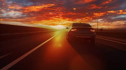 Obraz na płótnie Canvas The car runs on the highway with the sun behind. Copy space. Generative AI. 2