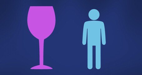 Fototapeta premium Image of purple and blue wine glass and human icons on blue background