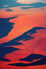 Naklejka na ściany i meble View of the earth from the height of the aircraft. Dunes and water. Fictional image. AI-generated
